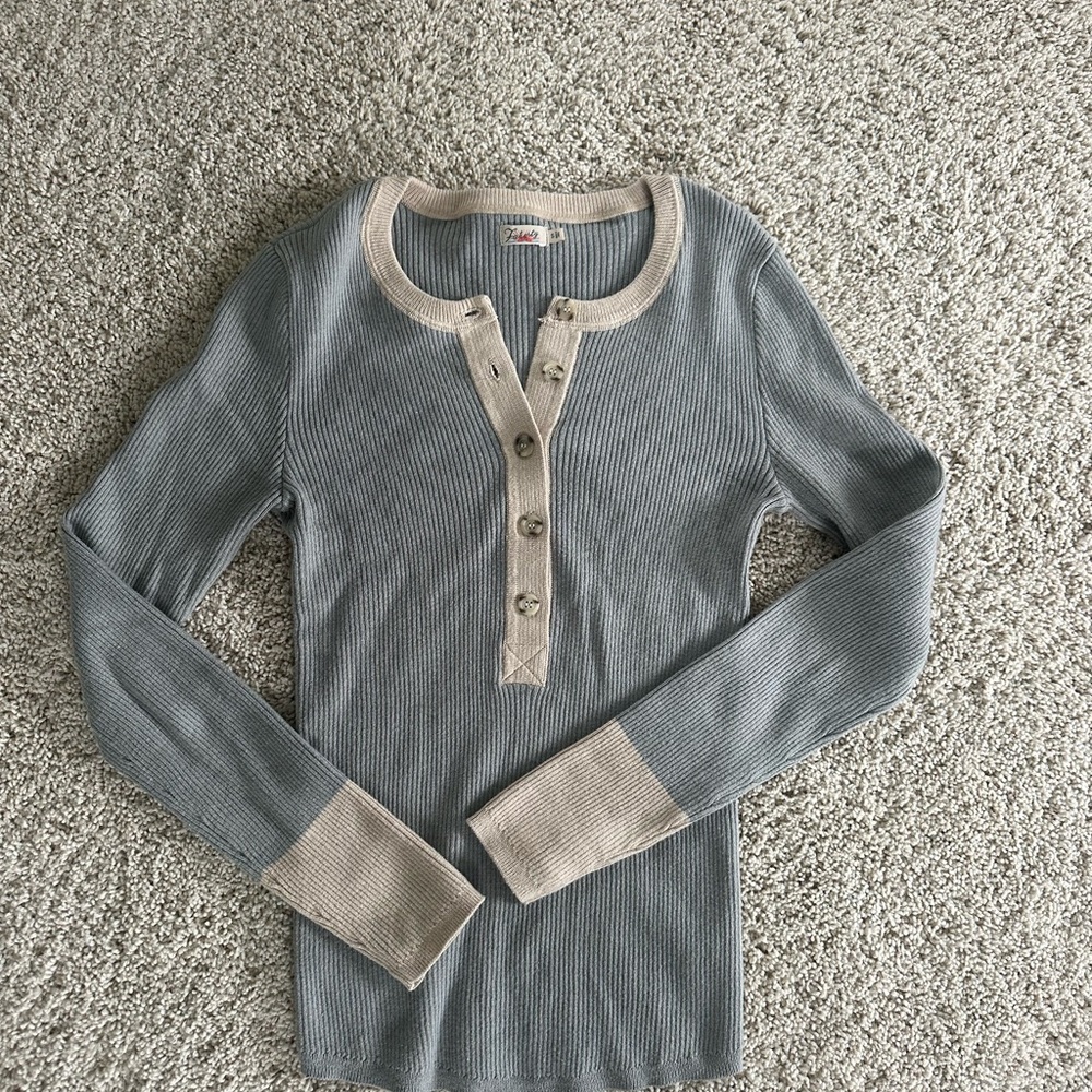 Faherty Blue Cream Long Sleeve Button Down Shirt with Polo Collar